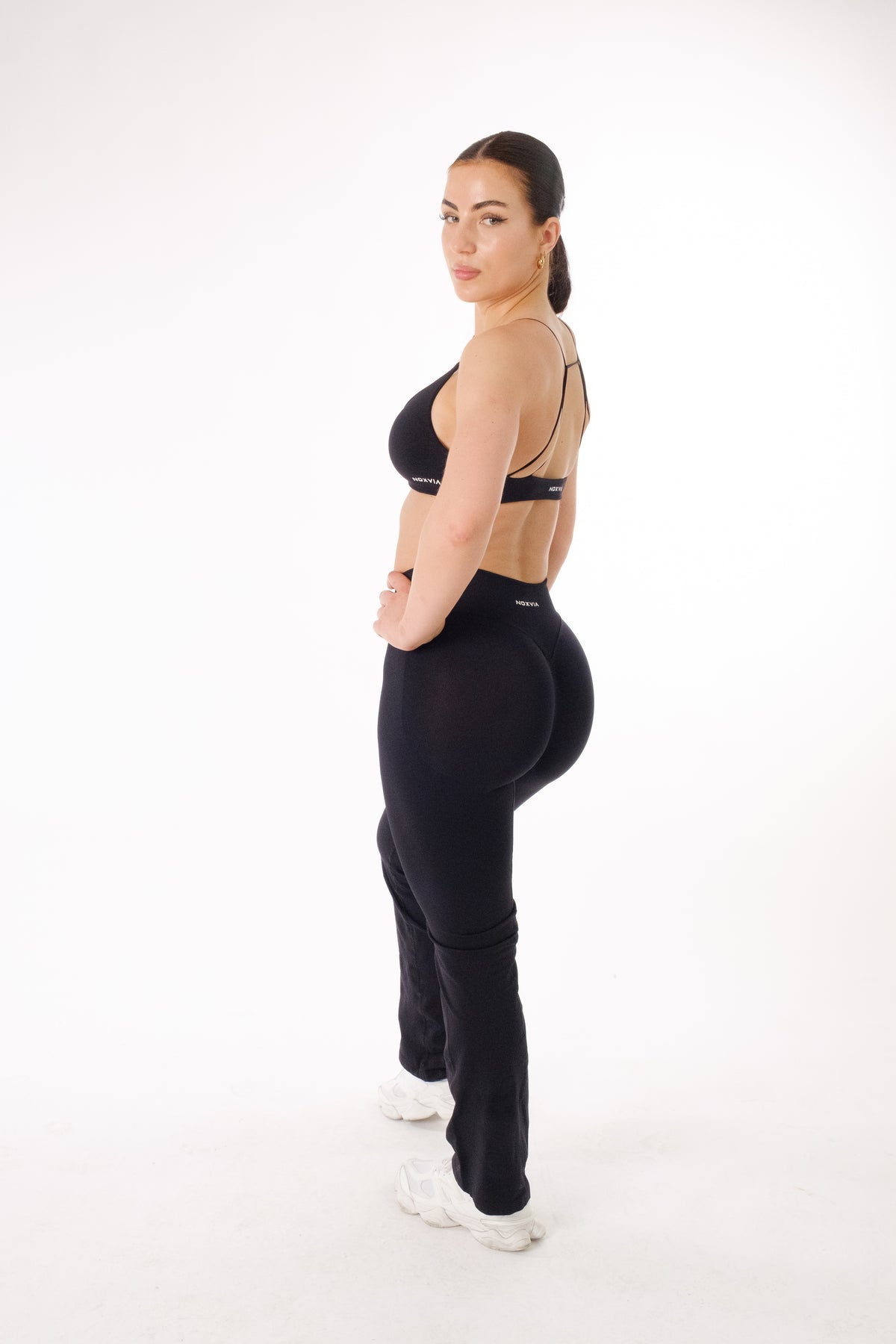 NOVA Open-Back Top & Flare Leggings Set – Midnight Black