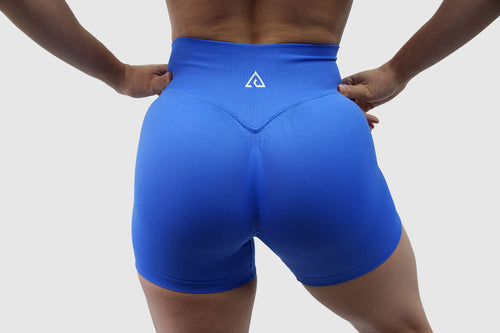 NOXVIA Royal Dominion blue sculpt shorts, rear detail showing the high-rise ribbed waistband, contour shaping and NOXVIA logo
