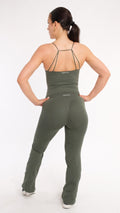Back view of NOXVIA NOVA Olive open-back sculpt training top showing fine strap detail with matching flare leggings